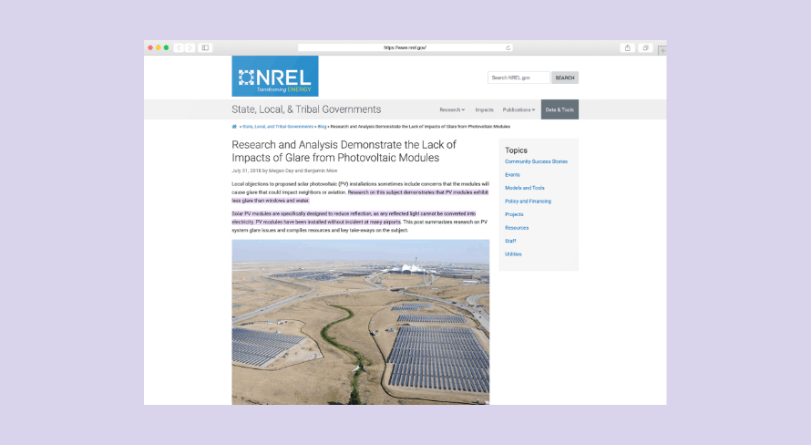 NERL research and analysis demonstrate the lack of impacts of glare from photovoltaic modules